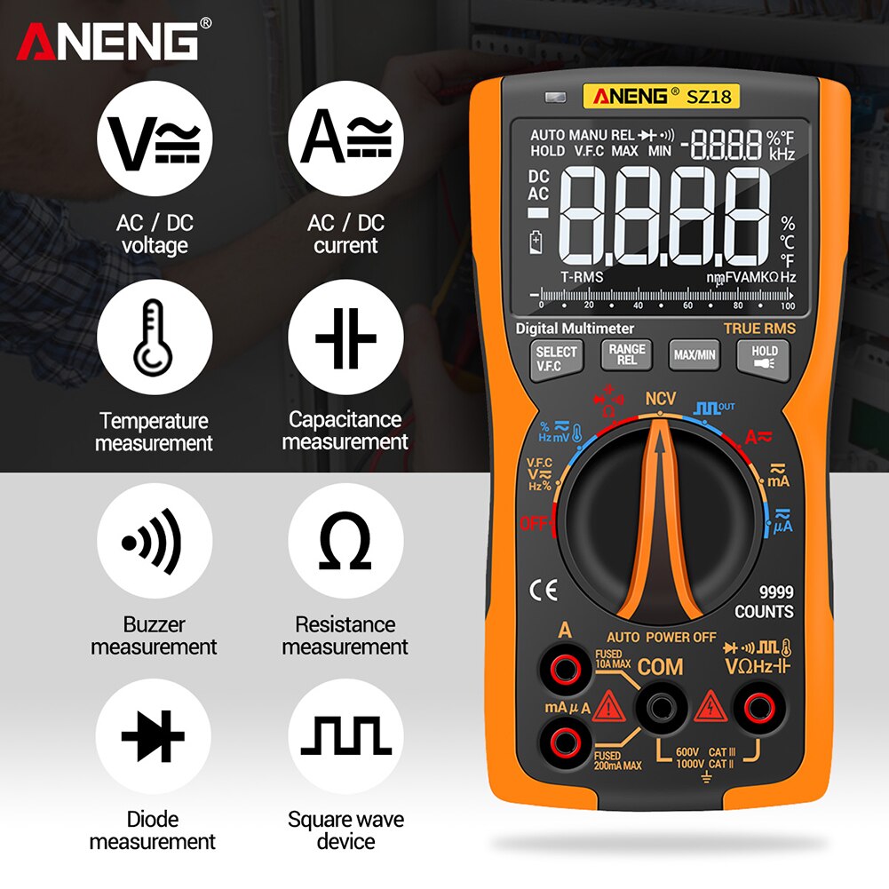 9999 Counts True RMS Automatic Range Voltage Meter ANENG SZ18 Digital Multimeter Tester Meter Capacitance Meter