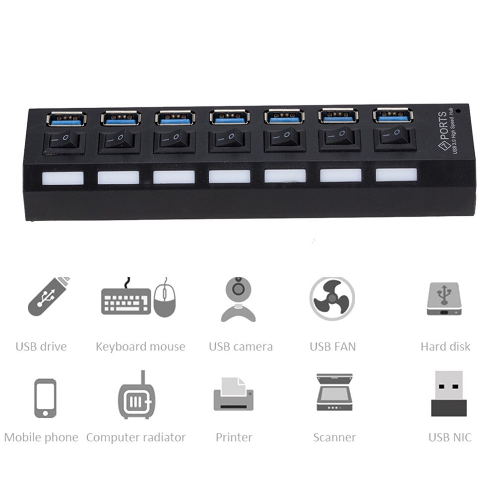 Multi USB Hub 3.0 USB Splitter USB 3.0 Hub Adapter Portable USB3.0 7 Ports HUB With ON/OFF Switch For PC Computer Accessories