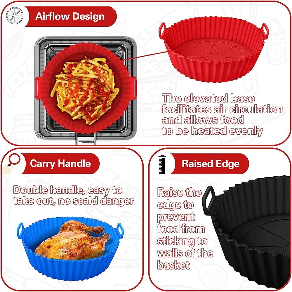 Round Silicone Airfryer Basket Tray 20/24CM Nonstick Reusable Air Fryer Pot Liners Oven Microwave Cake Pan Kitchen Accessories