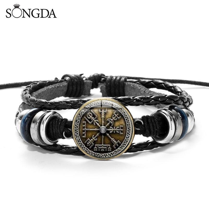 Vegvisir Viking kompas skórzana bransoletka Vintage Trinity Nordic Runes Odin wzór szklane bransoletki bransoletki dla mężczyzn biżuteria prezenty