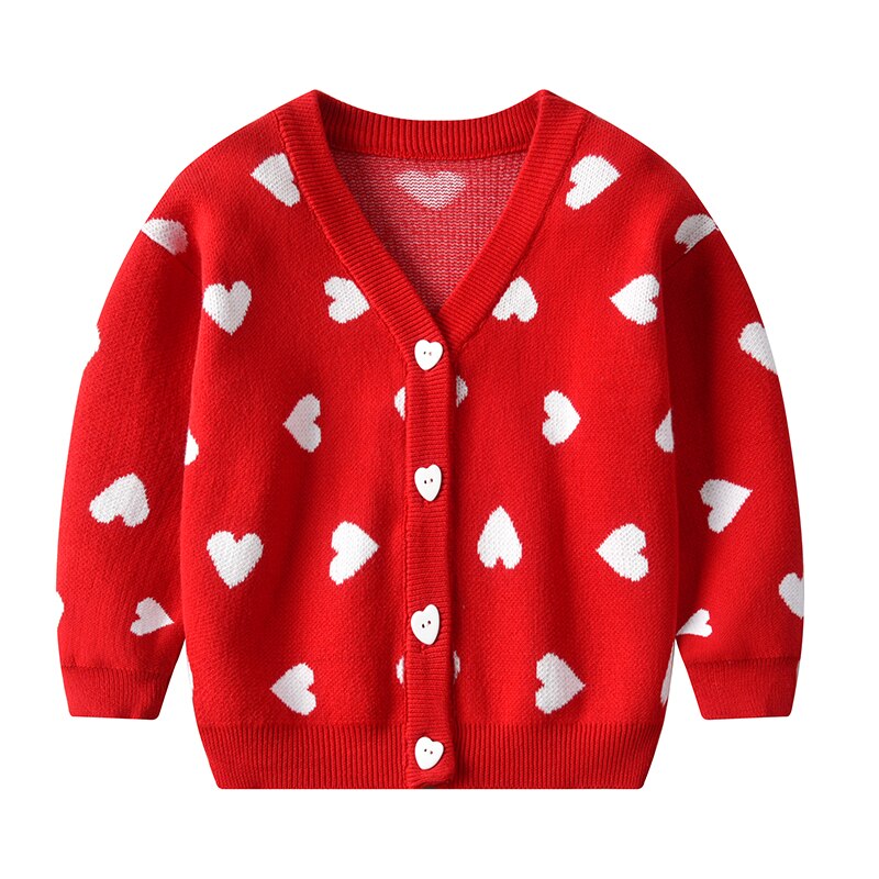 Emmababy 2-6Y Kid Baby Girls Autumn Cute Heart Pattern Long Sleeve Knitted Coat V-neck Single Breasted Cardigan