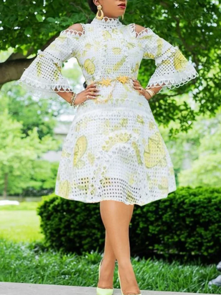 Chic Vrouwen Witte Jurken Hollow Out Blote Schouder Flare Mouw Kant Stiksels Print Jurk Classy Lady Verjaardag Datum Nacht Gewaden: 5XL