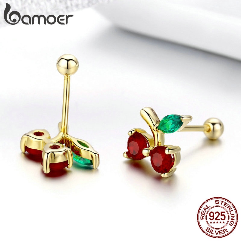 BAMOER 925 Sterling Silver Red Cherry Flower Exquisite Stud Earrings for Women Wedding Engagement Jewelry SCE543