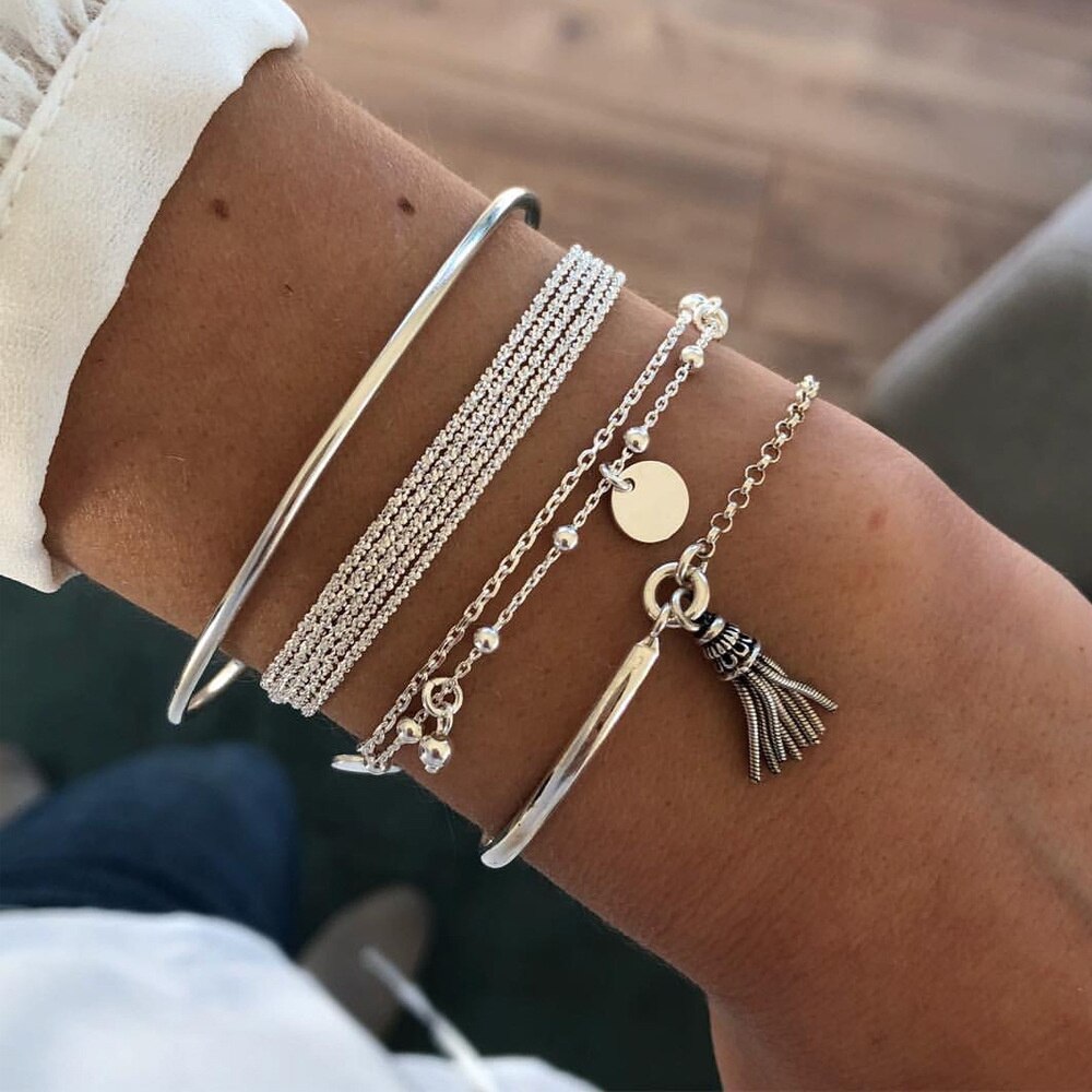 Boho Silber Farbe Perlen Anhänger Armbänder Armreifen 2022 Schmuck Punk Kette Armbänder einstellen für Frauen Charme Schmuck: 7