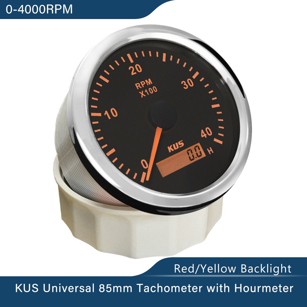 KUS 85mm Tachometer RPM Gauge Meter with Hour Meter 0-3000 RPM 0-4000RPM 0-6000 RPM 0-8000 RPM 12V/24V with Backlight for Car