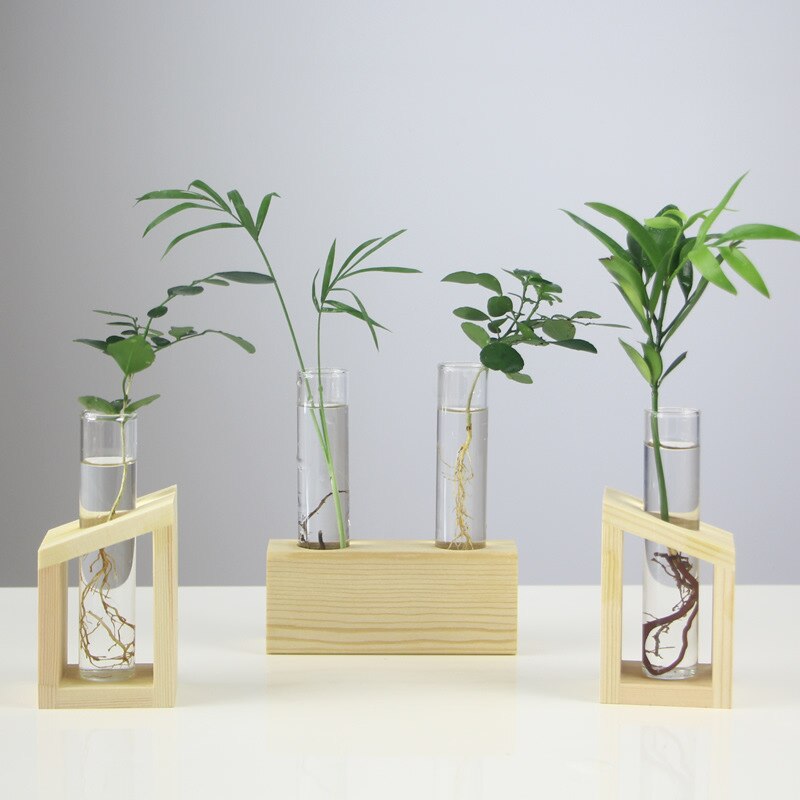 Florero de cristal para el hogar, florero de tubo de ensayo, soporte de madera, macetas de flores para plantas hidropónicas, decoración de jardín
