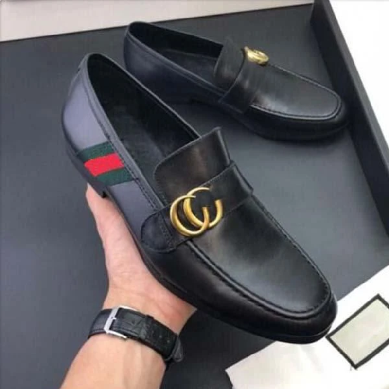 Men's Handmade PU Black Double Metal Buckle Decorated with Loafers Fashionable and Versatile Business Casual 1KB025: 47