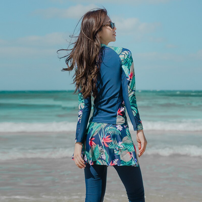 Koreaanse Mode Vrouwen Split Drie Badpak Lange Mouw + Broek + Bloemen Rok Uv Swim Surf Kleding Volledige cover Badmode