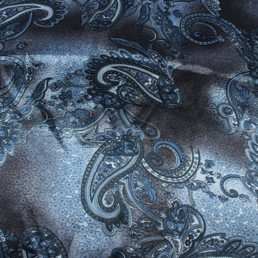 Vintage Polyester Charmeuse Material Paisley Floral Print Satin Fabric For Scarfs Dresses Sold By Yard: Blue