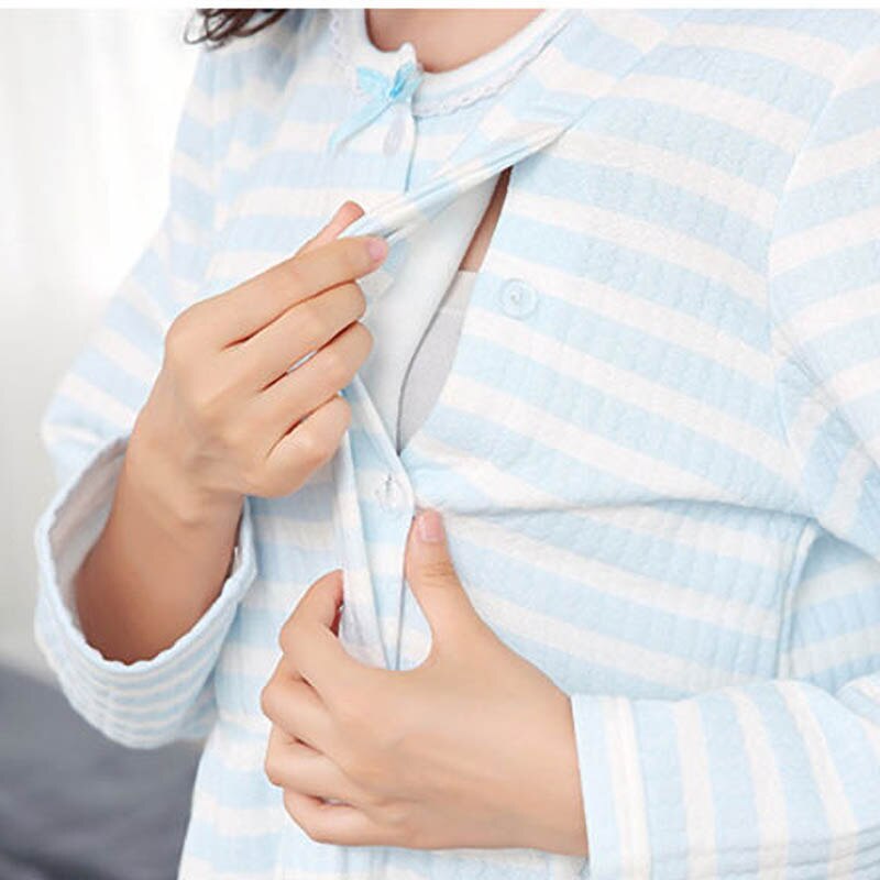 Graviditets plejesæt gravid pyjamas nattøj til efter fødslen bomuldstoppe og bukser langærmet tøj stribet pyjamas til gravide
