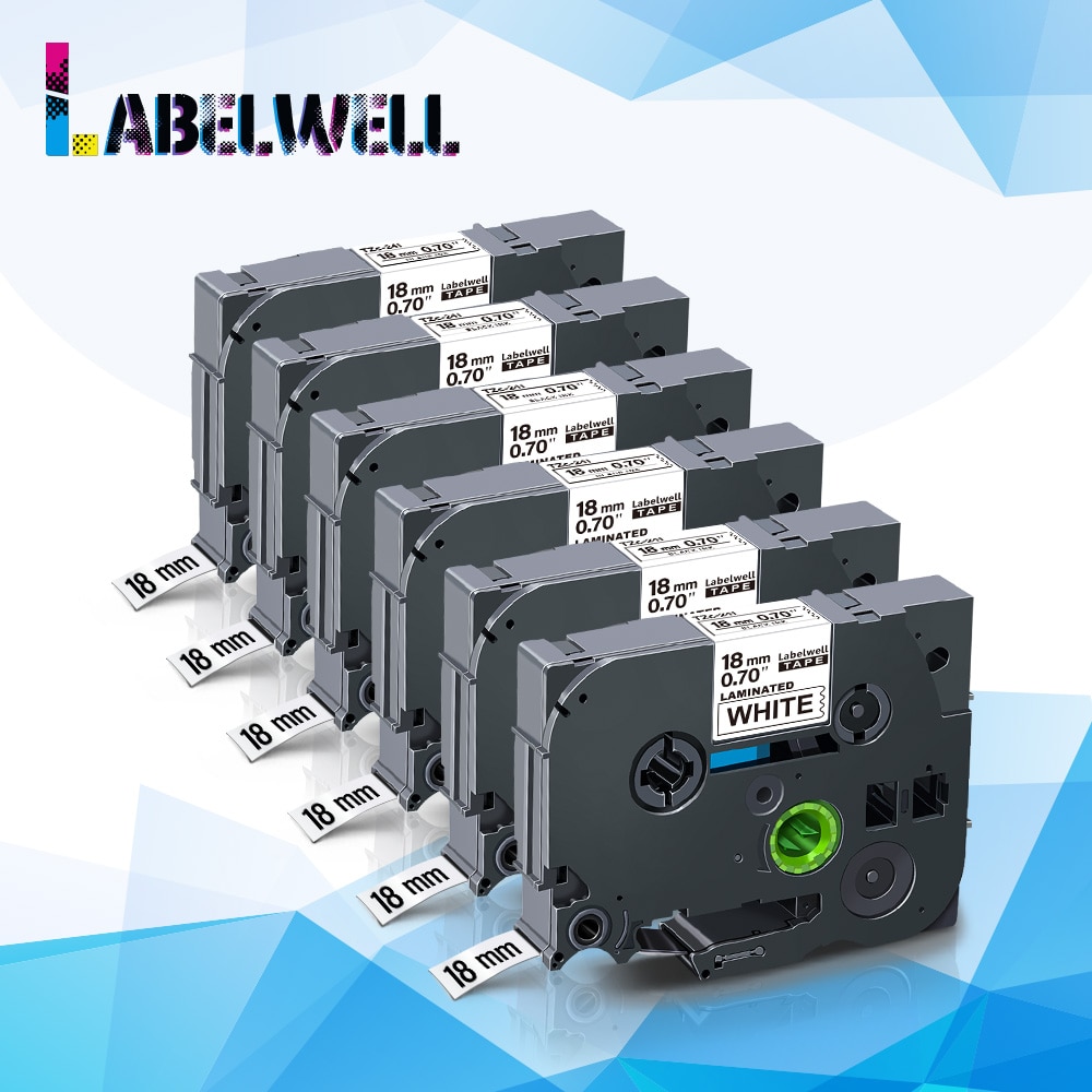 Labelwell Label Tape 18mm - 6 Pcs Black on White - Compatible for Label Printers
