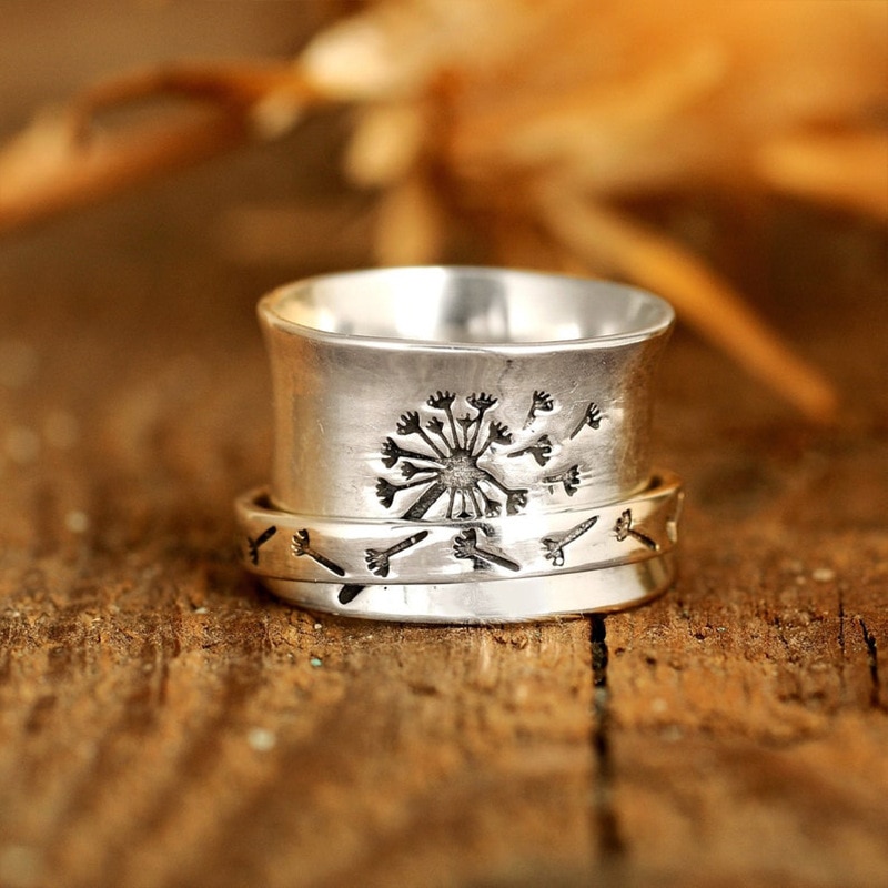 Coconal Vintage Boho Vrouwen Paardebloem Bloem Draaibare Ring Voor Persoonlijkheid Vrouwelijke Gesneden Ringen Band Sieraden Accessoires