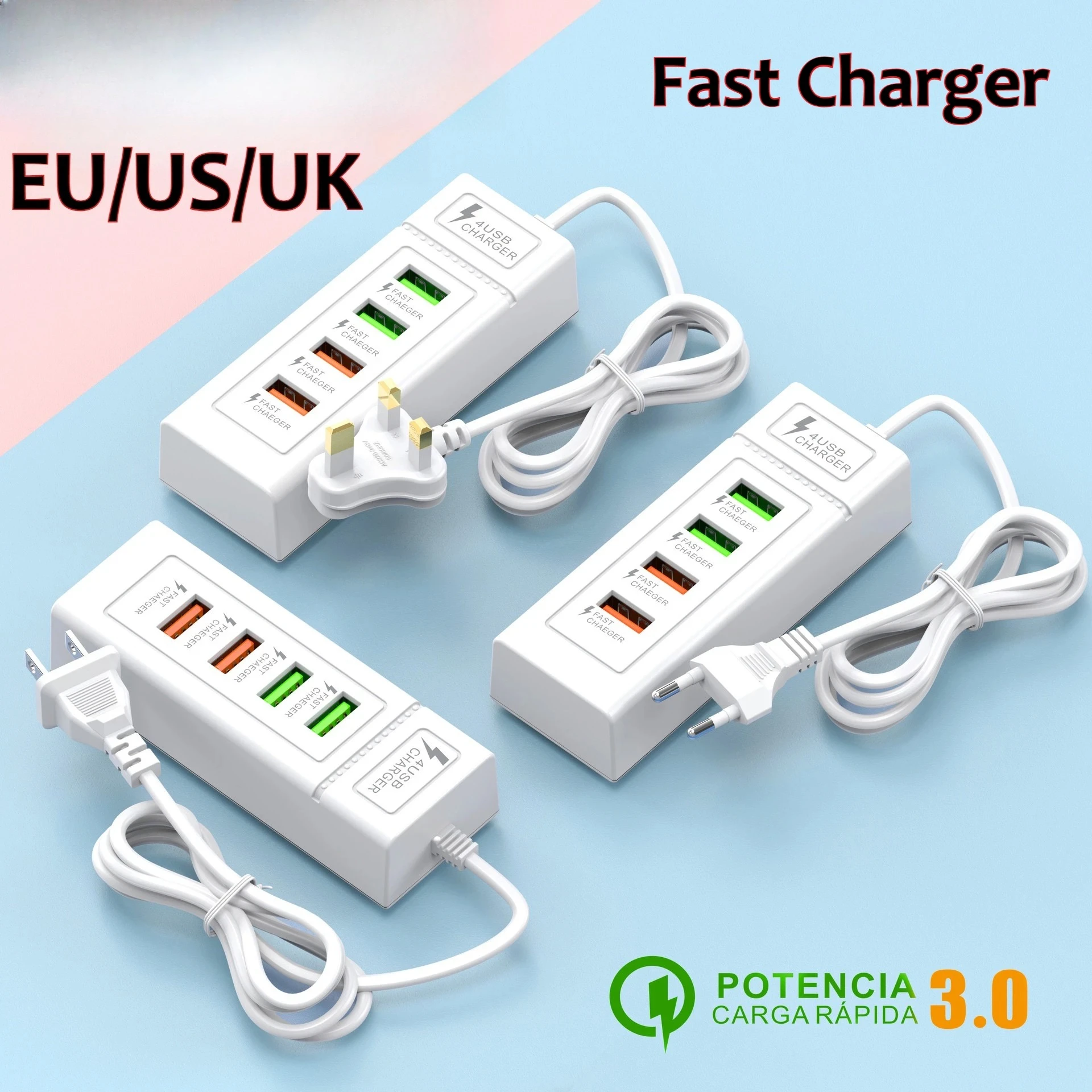 4- porters usb c hurtigladende reiselader med 1m kabler multiporter type c vegglader eu/us/uk plugg pd strømadapter lader