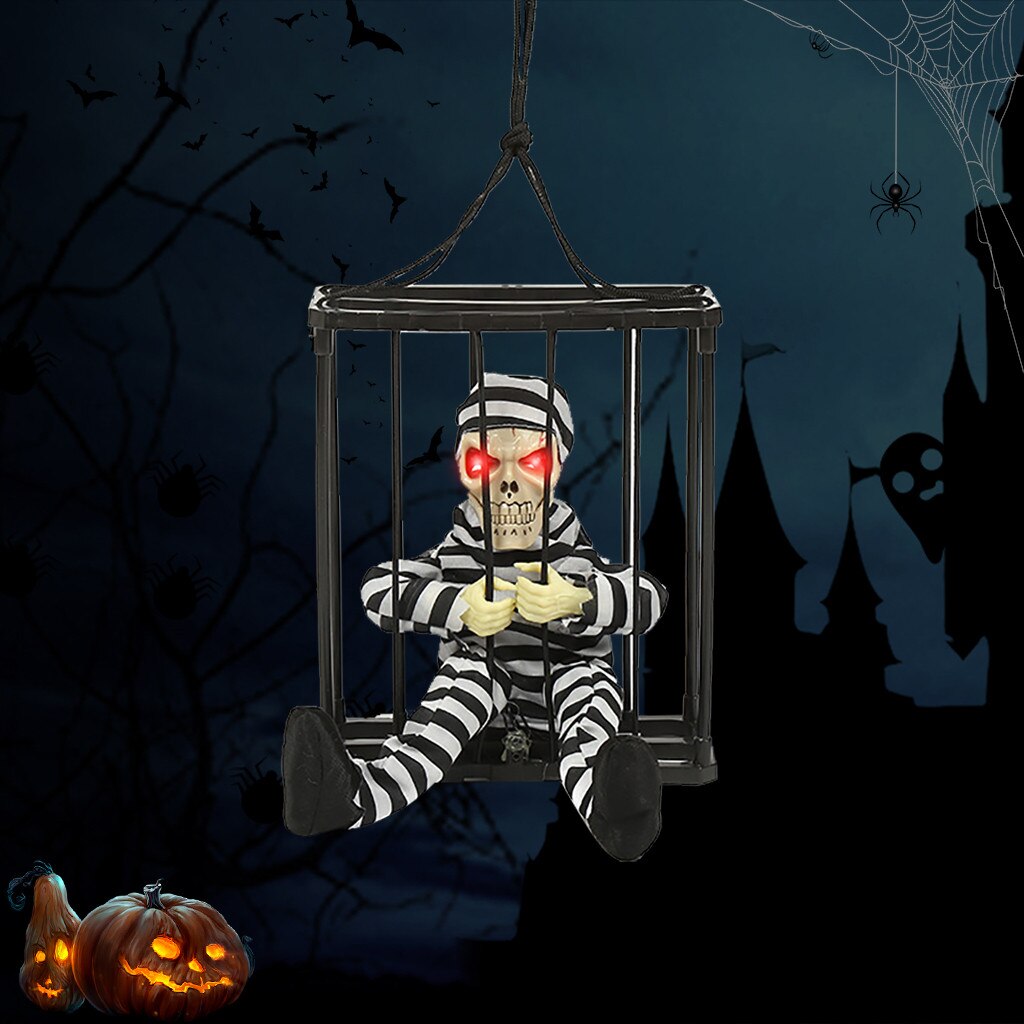 Halloween Hanging Voice-Control Skeleton Prisoner Dressing With Prison Clothes Red Glowing Eye The Skull In Prison shout Decor