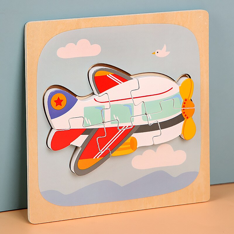 15*15cm Kinder Montessori Spielzeug 3D Holz Puzzle Baby Cartoon Tier/Verkehrs Jigsaw Puzzle Spielzeug für Kinder frühen Lernen: 03-plane