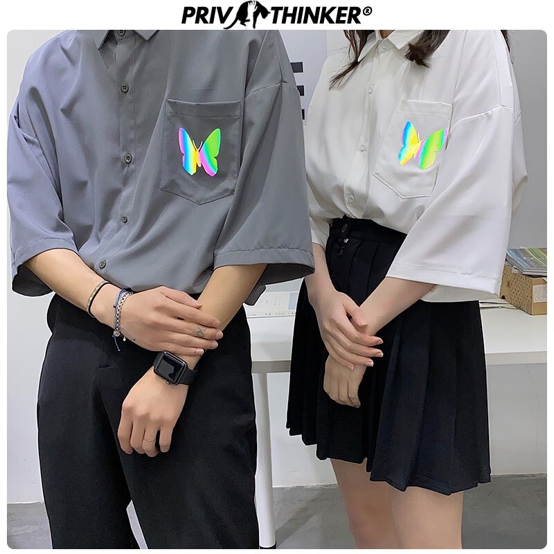 Chemises homme privathink réfléchissantes à motif papillon, style coréen, manches mi-longues, style harajuku, style hip-hop, décontractées