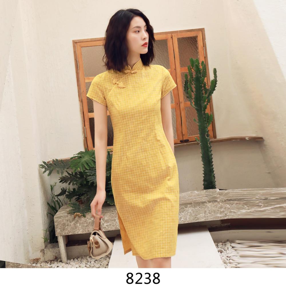 Vestido de primavera a cuadros de estilo chino, ajustado