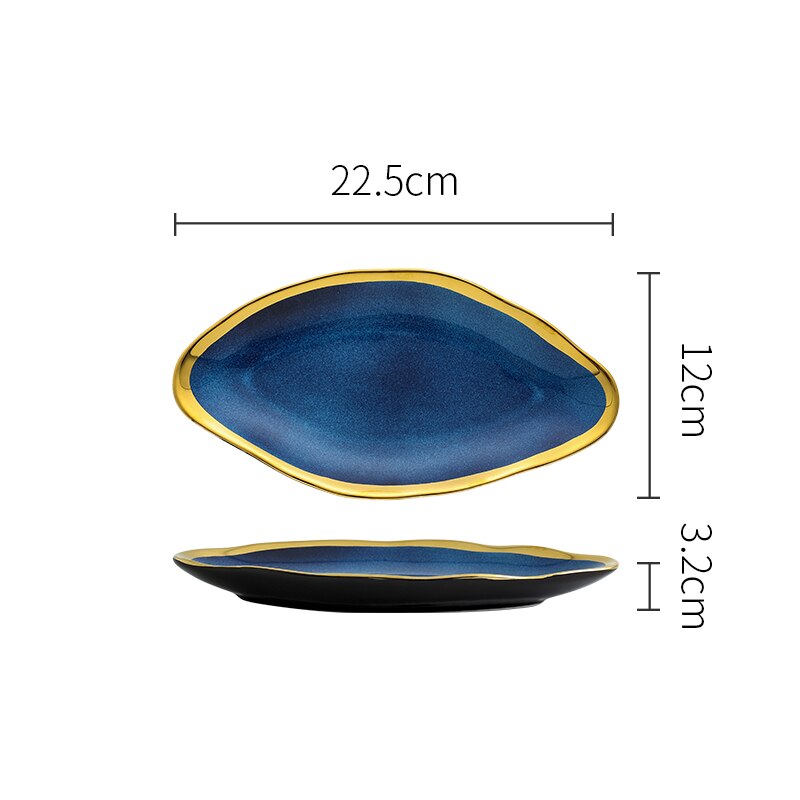 Nordic Blue Glaze Ceramic Dinner Plates and Bowls Irregular Phnom Penh Steak Plate Dessert Snack Dishes Home Tableware: G-22.5x12x3.2cm
