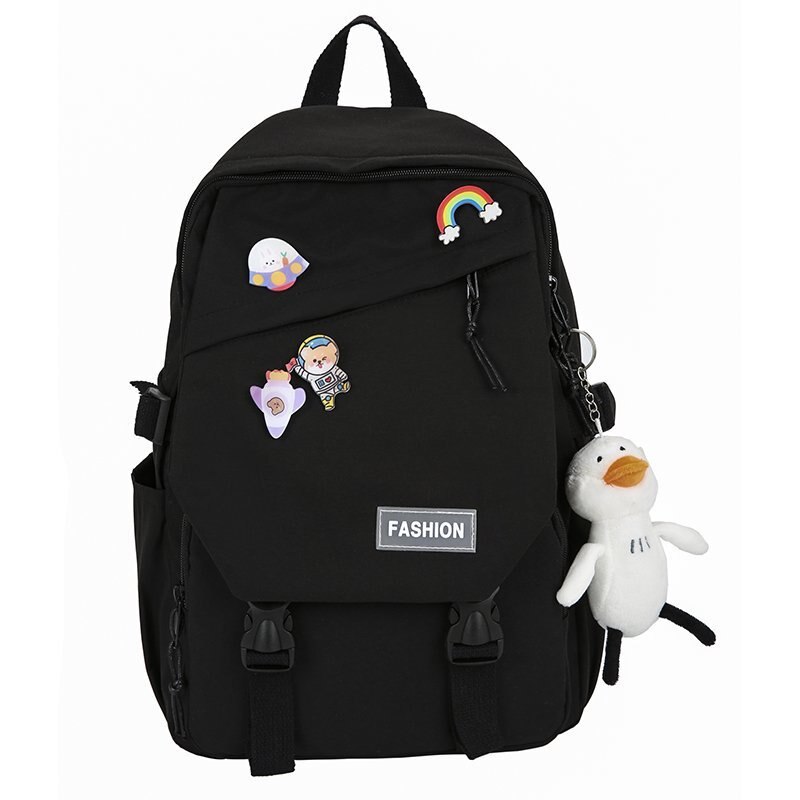 Bolso de viaje para mujer, Mochila grande Kawaii, impermeable, negra, escolar,: black / with duck pendant