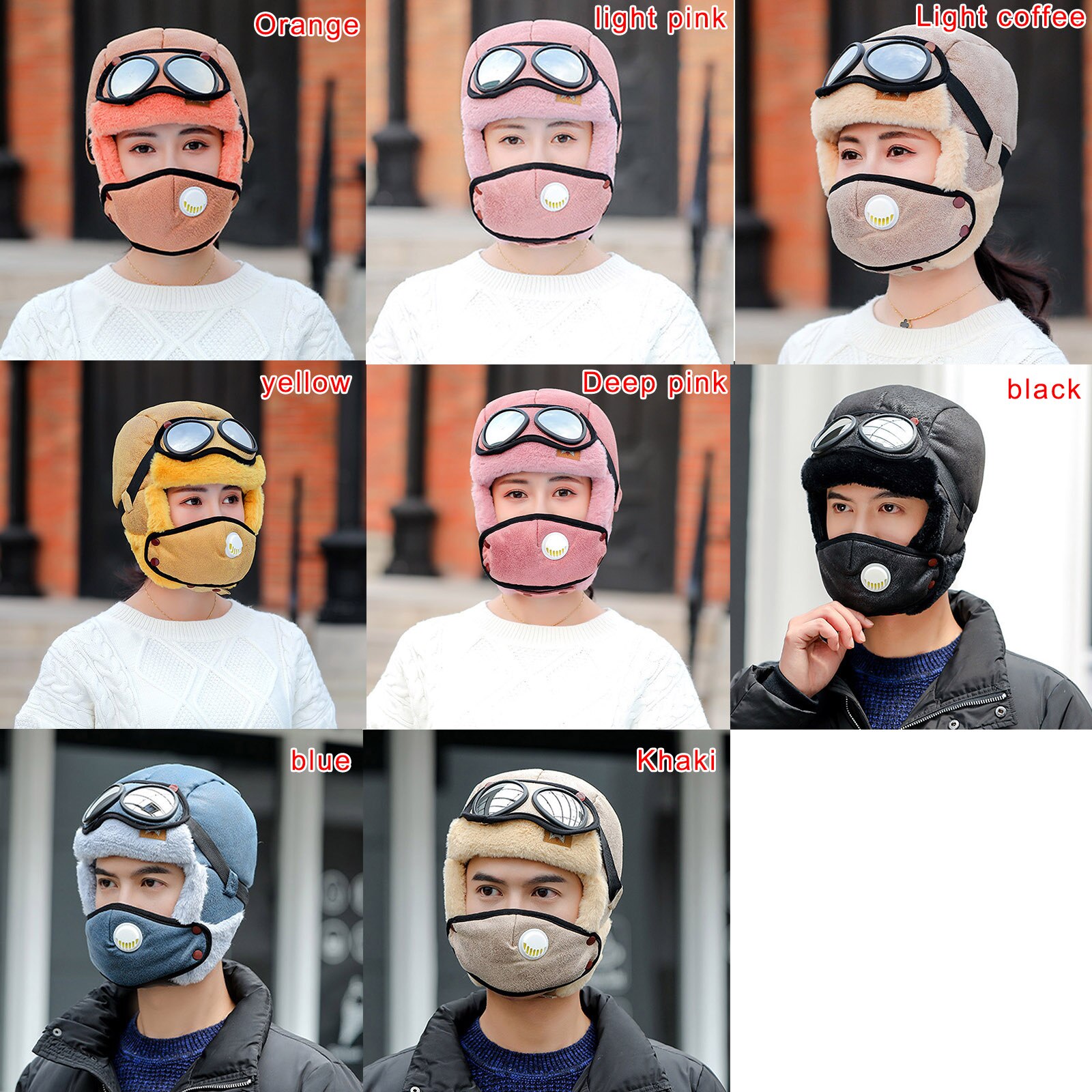 Cycling Windproof Outdoor Hat with Ear Flap and Breathing Valves Face Cover Goggles Warm Plush Full Head Hat PR