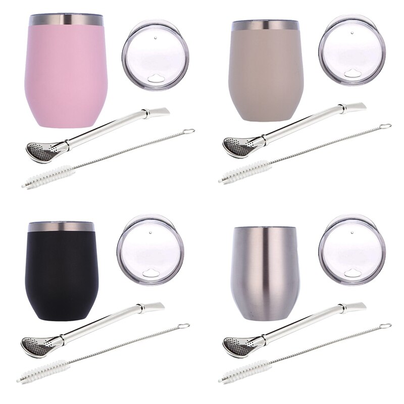 Double-Wall Stainless Yerba Gourd Mate Tea Set Water Mate Tea Cup with Lid Spoon Straw Bombilla Head Filter Brush