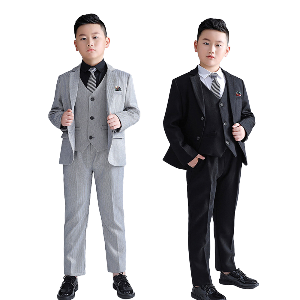 Blazer de talla grande para niños, traje negro y gris, traje Formal de boda, esmoquin para de cumpleaños, conjunto de ropa de caballero, 5 piezas