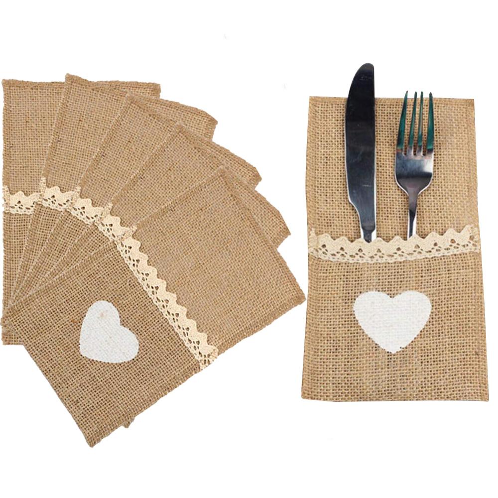 Natuurlijke Jute Kant Versierd Hart Liefde Bestek Messen Vorken Lepel Bestek Set Bag Holder Wedding Party Resturant Decoratie