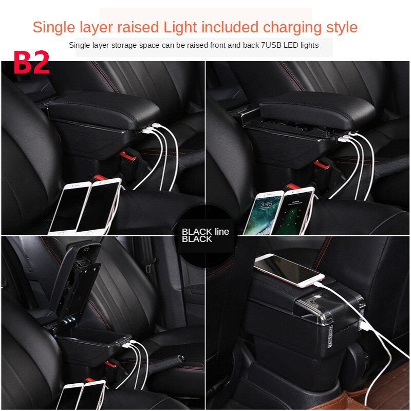 Universal Car Armrest central Universal model armrest box car accessories storage box modification Retrofit parts with USB LED: B2 black line 7USB