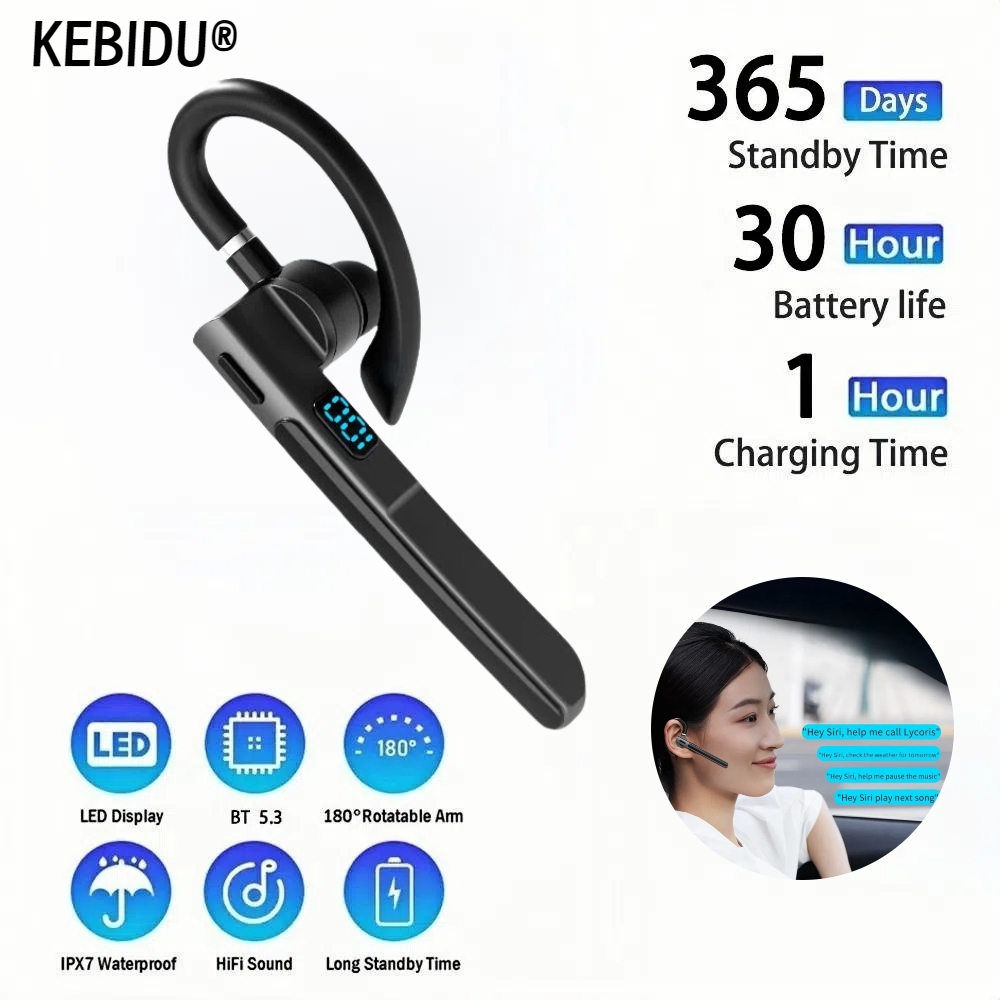 Trådlösa bluetooth-hörlurar med 5.3 enkla hörlurar och hd-mikrofon, stereoheadset, handsfree-samtal, affärshörlurar för sport, bilkörning och resor