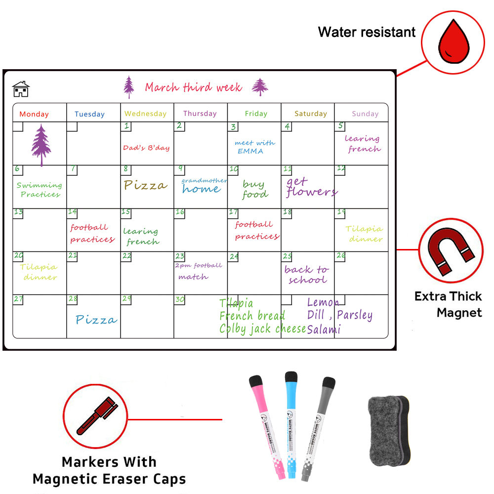 Månedlig kjøleskap kalender 16.5 " x11.8 " magnetisk tørr slette kalendertavle kjøleskap magnetisk tavle oppslagstavle magnetisk