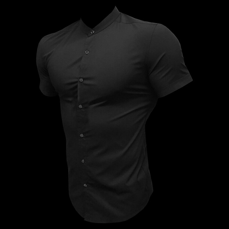Heren Korte Mouw Zomer Plain Slim Fit Overhemden Fitness Mannen Gym Kleding Mode Casual Sociale Stand Zakelijke Shirts: Black / Xl
