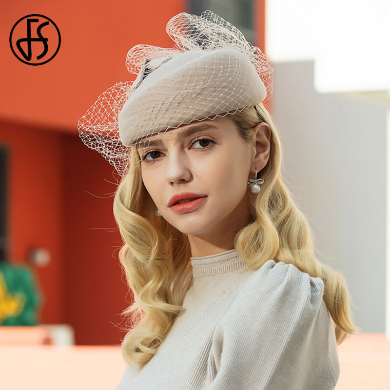 FS Vintage Wool French Beret Hats For Women Fedora With Veils Camel Felt Hats Winter Ladies Wedding Church Pillbox Hat