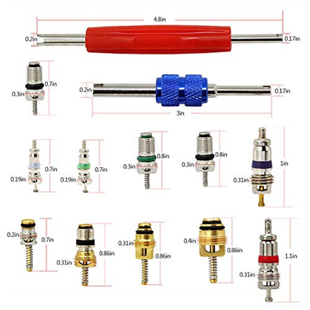 Car Air Conditioning Core Valves 102PcsR12 R134A Automotive A/C Valve Stem Cores w/Removal Tool for Car Air Contitionaing Repair
