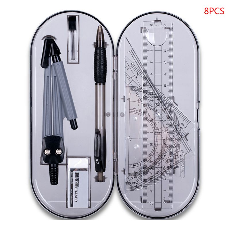 8 pçs/set portátil precisão geometria transferidor desenho bússola régua lápis essentials kit de ferramentas estudo matemática #917