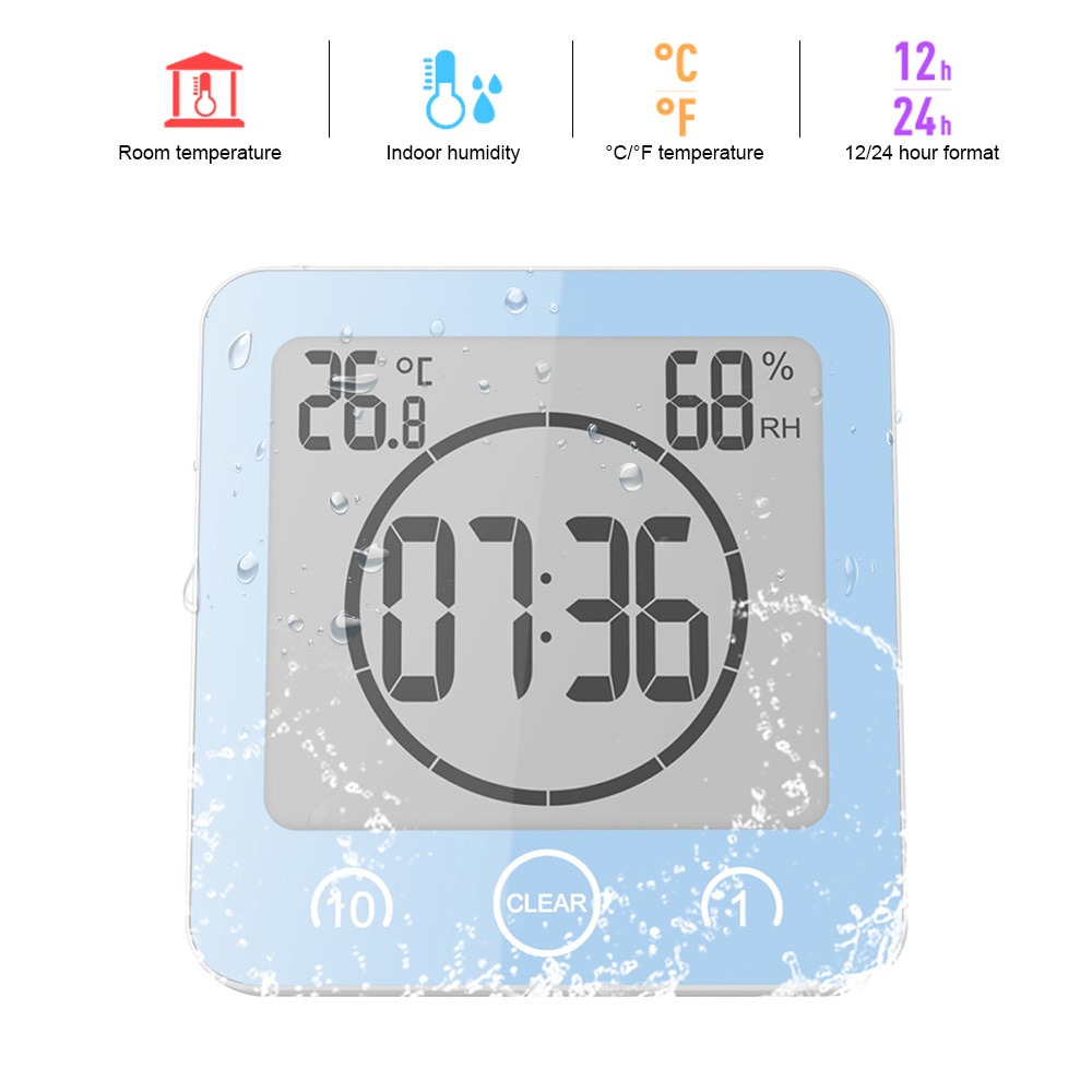 Waterdichte lcd digitale wandklok douche zuignap wandstandaard alarm timer temperatuur vochtigheid bad weerstation voor thuis: Blauw