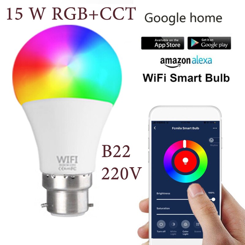 15W Wifi Slimme Lamp Werk Met Alexa/GoogleHomeAC220V/110V Rgb + Cct Dimbare Timer Functie b22 E27 Led Rgb Lamp: 220V B22