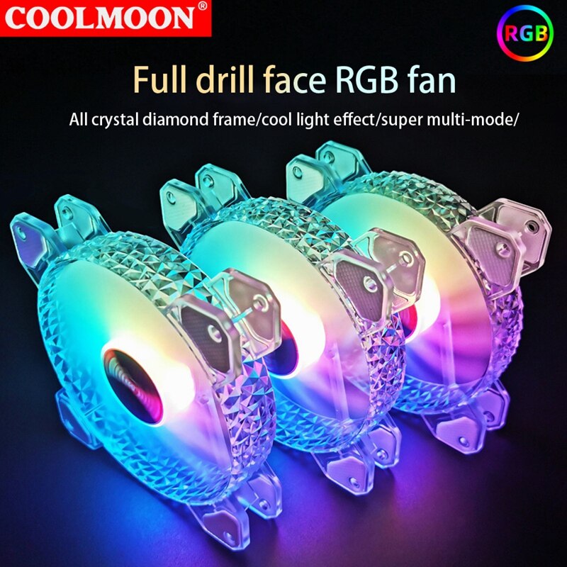 COOLMOON Crystal Diamond juegos RGB, 12cm Silent Long-Life RGB caja emisor de luz juego de ventiladores de enfriamiento para PC