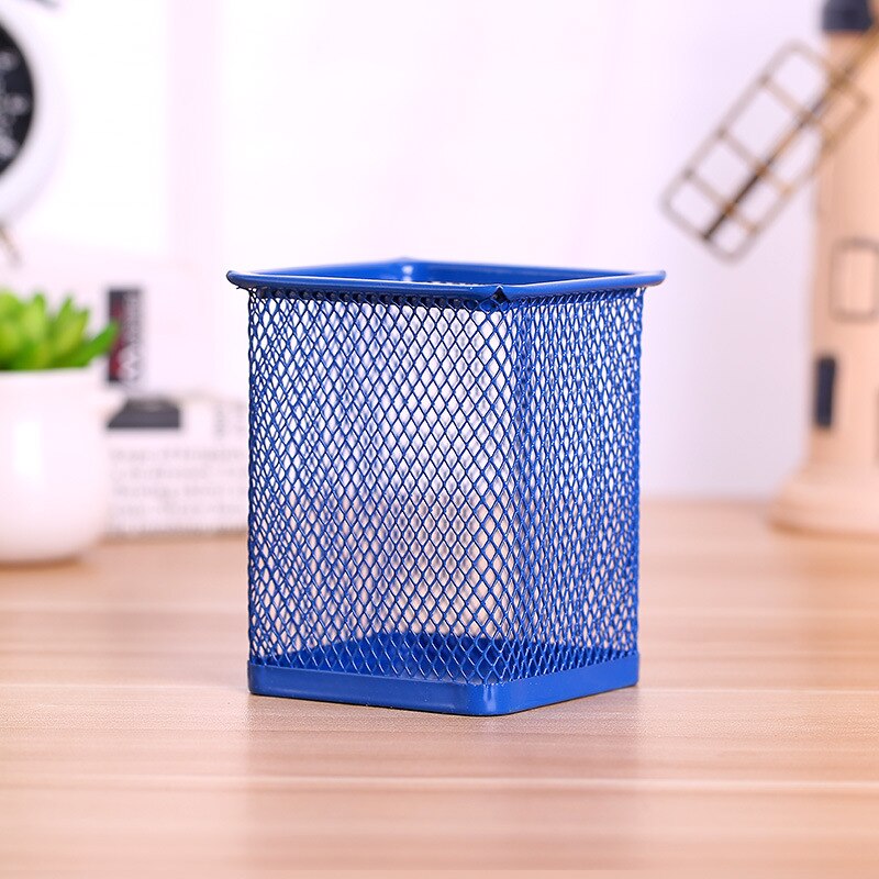 Pencil Holder Office Desk Metal Mesh Square Pen Pot Case Stationery Container Organiser Durable Pencil Case Black: Square blue