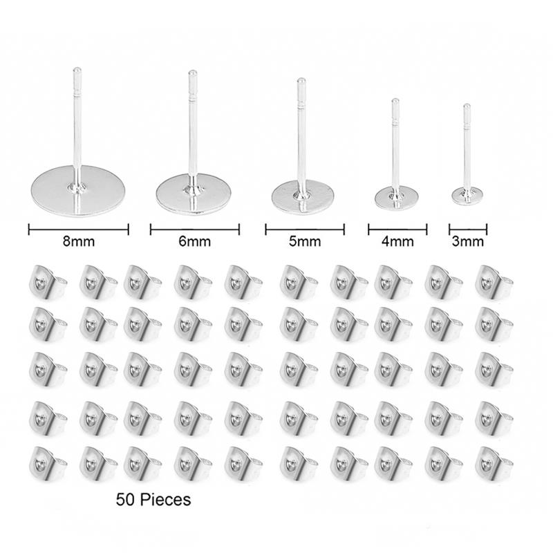 100pcs Stainless Steel Earring Post 3 4 5 6 8mm Blank Earring Stud Base Setting With Earring Backs Cabochon Tray Jewelry Making: silver