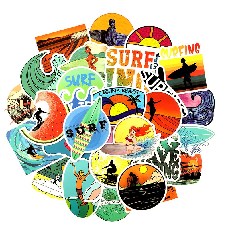 50Pcs/Set INS Fun Beach Surfing Stickers For Laptop Luggage Skateboard Guitar Motocycle Doodle Decor Helmet Surfboard Stickers