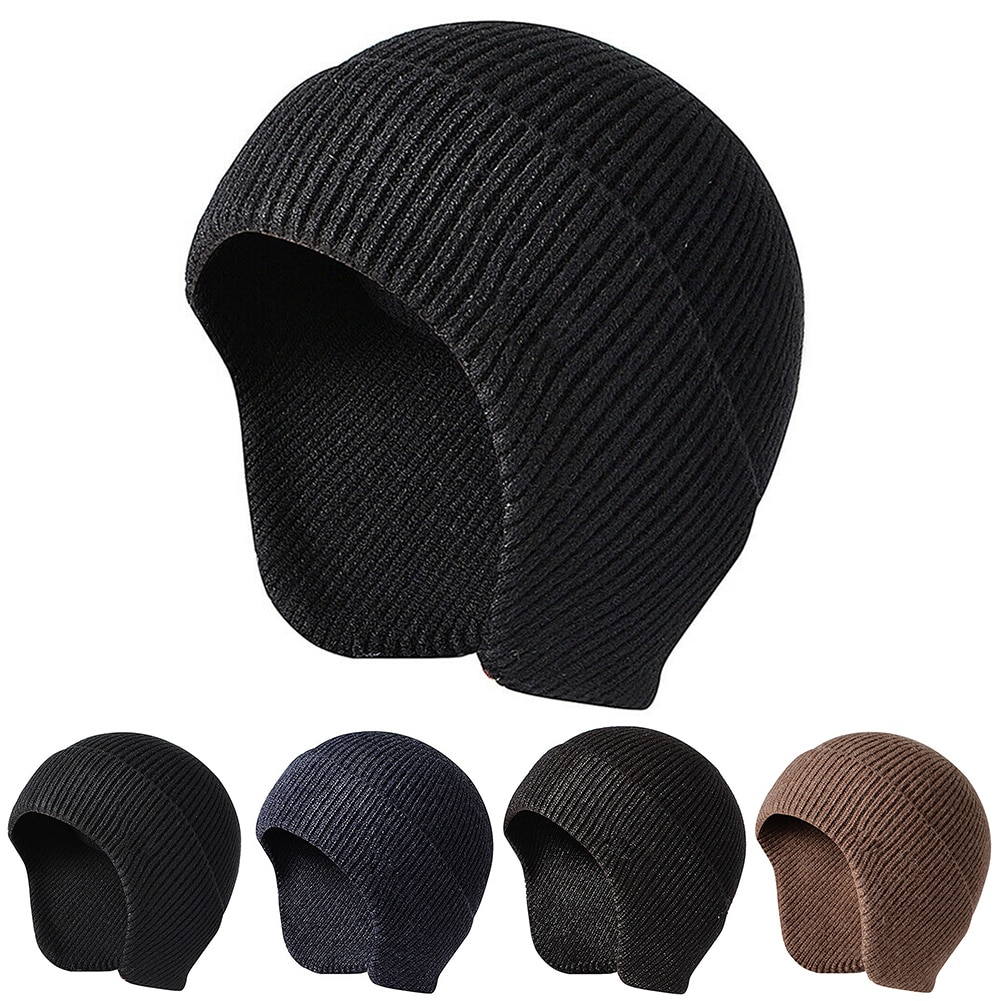 Mænd kvinder efterår afslappet vinter varm blød beanie øreklap strik hue studerende arbejde ski udendørs stretch solid