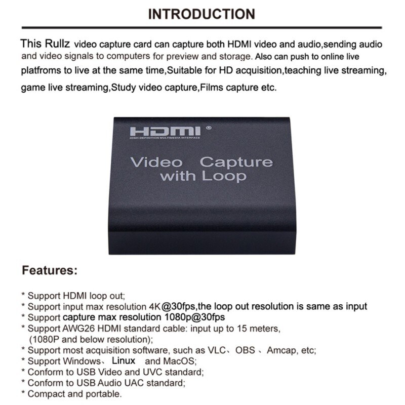 Capture Device FOR HDMI Audio Video Capture Card Screen Recording USB 2.0 1080p Game Capture Streamer Device