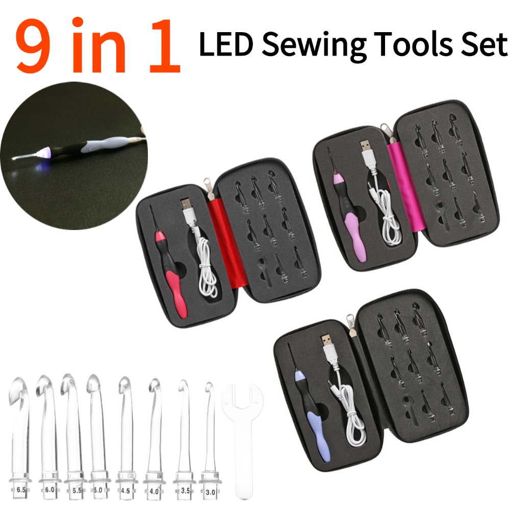 9-in-1 USB leuchtende Häkelnadeln Stricknadeln LED Nähwerkzeuge einstellen DIY Weben zur Seite fahren Werkzeug Bausatz