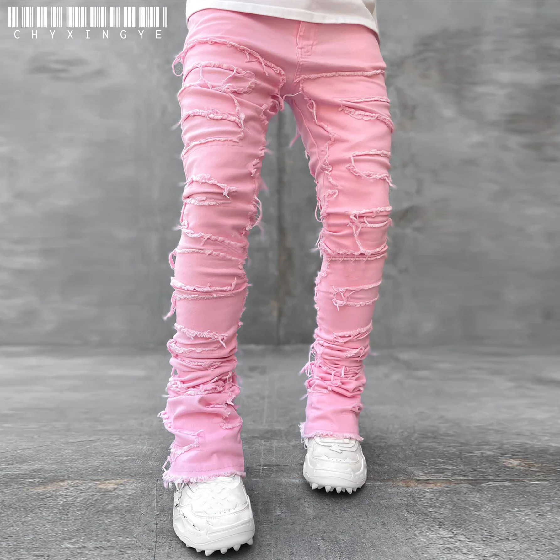 Stretch patch herrejeans  y2k patchwork kvaster dekoration lige denimbukser til mænd hiphop jeansbukser