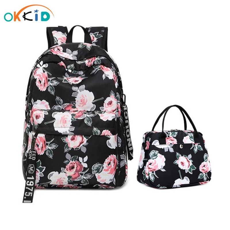 Okkid blomster rygsæk til piger sort blomst udskrivning rygsæk børn skoletasker børn bog taske sæt