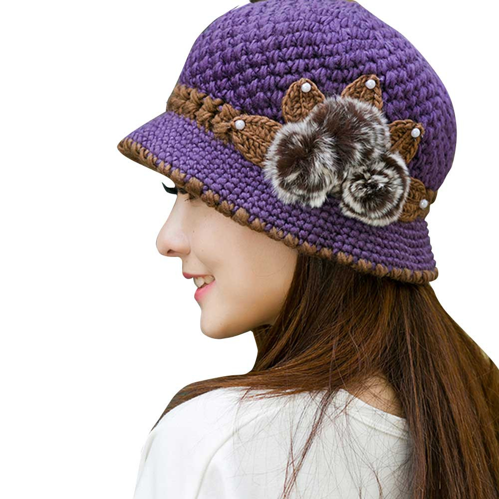 Ears Hat Knitted Women Cap Newly Lady Winter Warm Crochet Flowers Decorated Ears Hat Mujer: Army Green