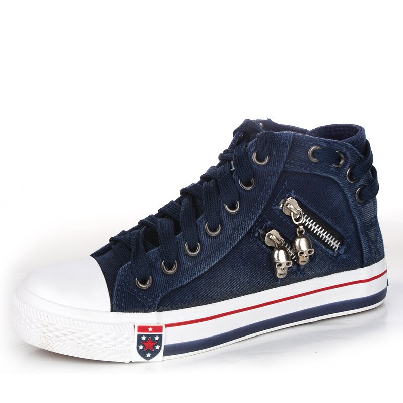 Vulkaniseren schoenen dames canvas chic high top denim vrijetijdsschoenen dames all-match platte rits walkin koreaanse dames ademend: Donkerblauw / 38