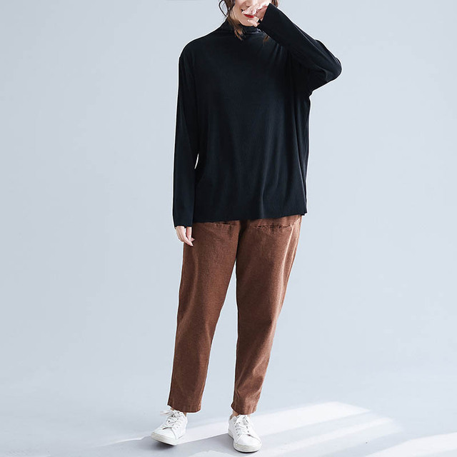 150Kg Plus Size Vrouwen Lente Herfst Coltrui Gebreide Basis Overhemd Buste 150Cm 6XL 7XL 8XL 9XL Effen lange Mouwen Slanke Top: Black / 6XL