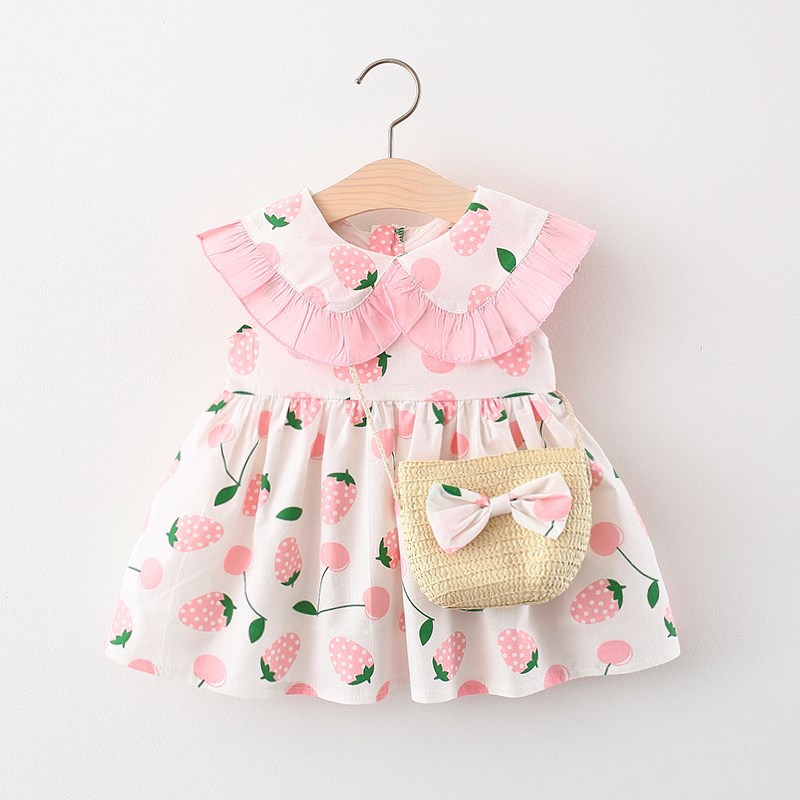 babzapleume Summer Korean Princess Dresses Infant Girl Clothes Cute Print Strawberry Sleeveless Newborn Baby Dress+Bag BC2052: B / 6(0-6M)