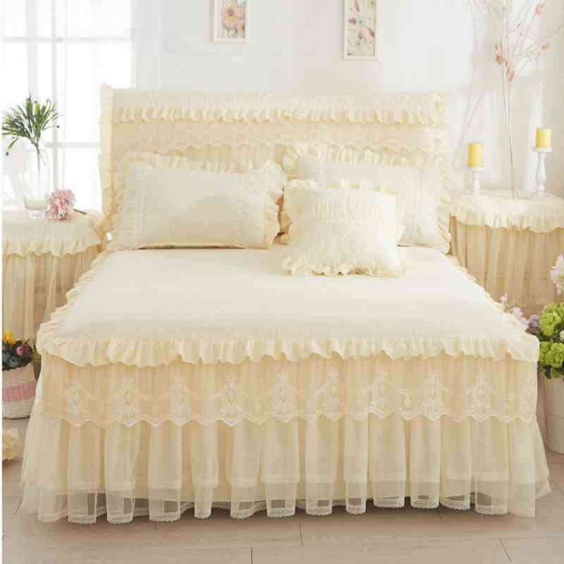 Beige/roze 1 stuk kanten bedrok +2 stuks kussenslopen prinsessenbeddengoed sprei hoeslaken voor meisjes matrashoes kingsize queensize: Beige / 1 stuk rok 150 x 200
